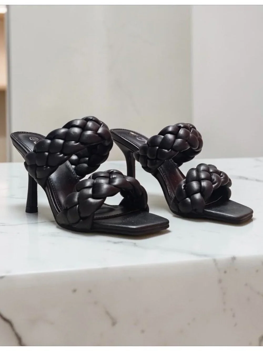 Braided Double Strap Black Heeled Sandals With Square Toe Design For Women